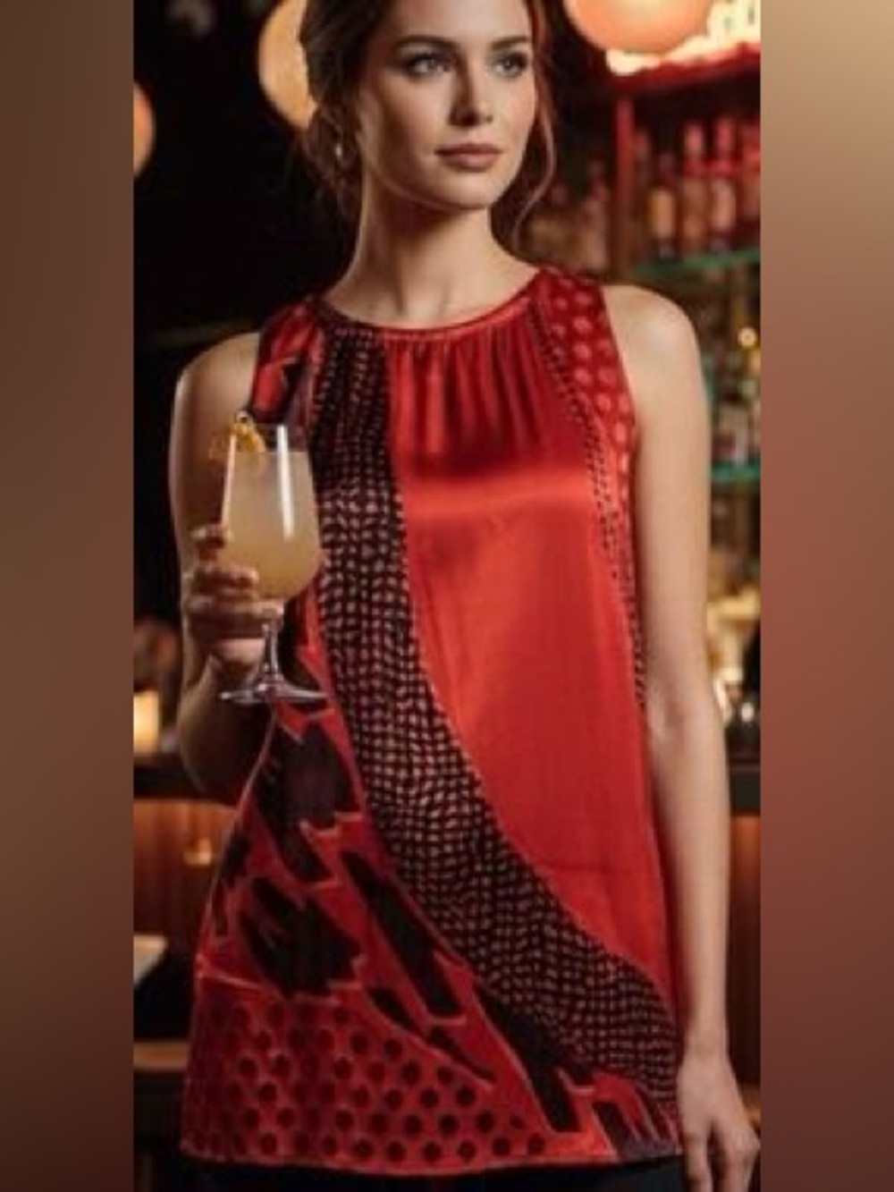 CAbi Red Satin Sleeveless Chemise with Black Pattern